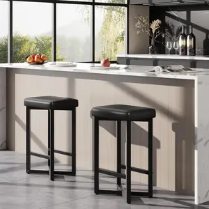 Bar Stools Set of 2, 24.6" Counter Height Backless Barstools, Upholstered PU Leather Seats with Metal X-Frame & Footrest, Modern Kitchen Stools for Home Bar, Dining Room, Brown