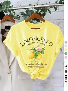Unisex Lemon & Letter Print Round Neck Fitted Tee, Casual Streetwear Short Sleeve T-shirt for Daily Wear, Ladies Clothes for All Seasons, Top, Everyday