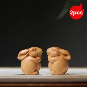 2pcs Hand-carved Wooden Rabbit Statue Decorative Handicrafts, Zodiac Rabbit Ornaments, Christmas, New Year And Valentine's Day Gifts, Creative Animal Home Decorations - No Electricity Required