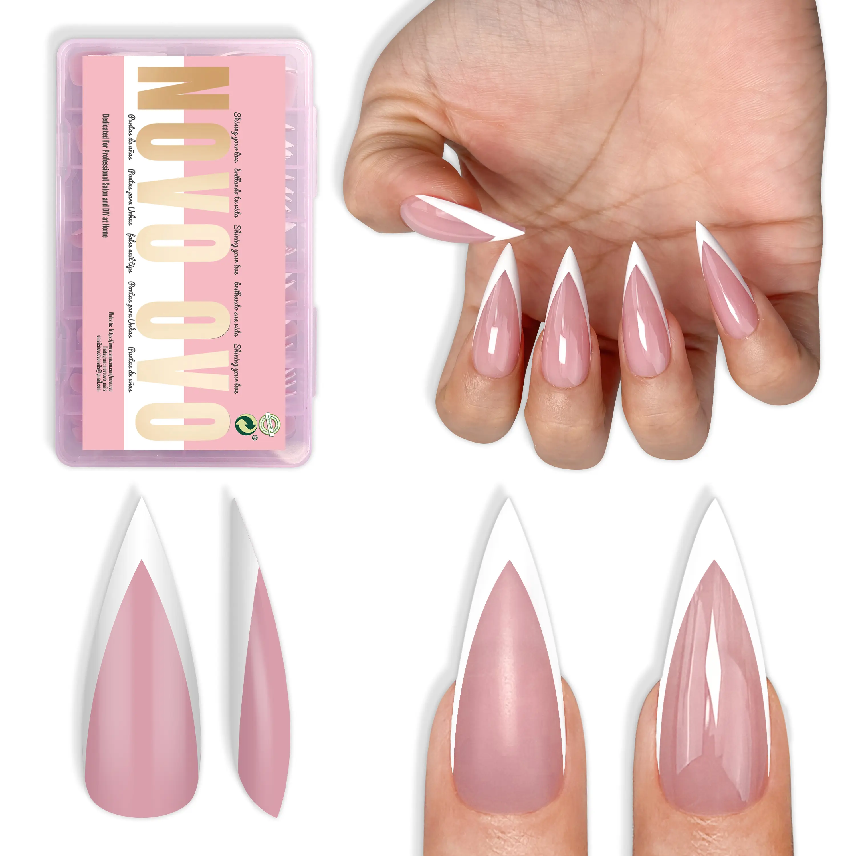 NOVO OVO Feminine Soft Gel Press-On Nails, Lazy Nail Method Multi-Pack, White V-Shape French Tip Sharp Stiletto Medium Long, Berry Pink Full Cover Acrylic Extensions, Salon/DIY Use, 16 Sizes (10 Tips Per Size, 160 Pcs)【No Glue Or UV Light】