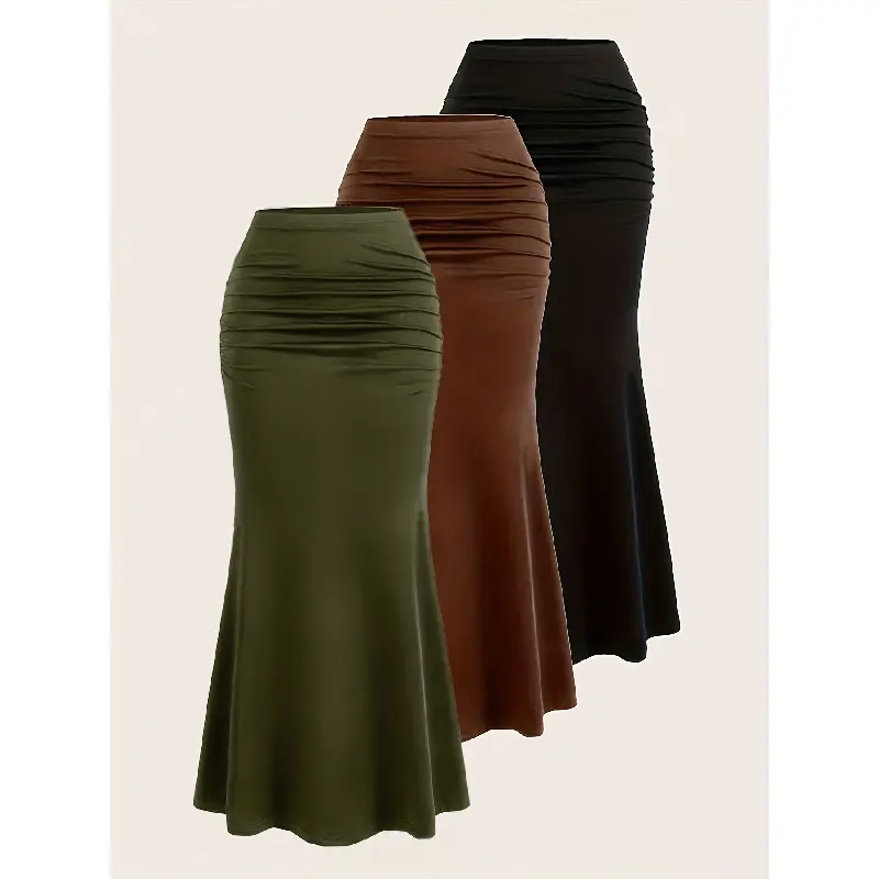 Women's Solid High Waist Stretchy Ruched Mermaid Skirt - Polyester, Curvy-Friendly Slim-Fit Long Skirt, Dry Clean & Machine Washable, All Seasons for Streetwear & Daily Looks Bottoms Elastic