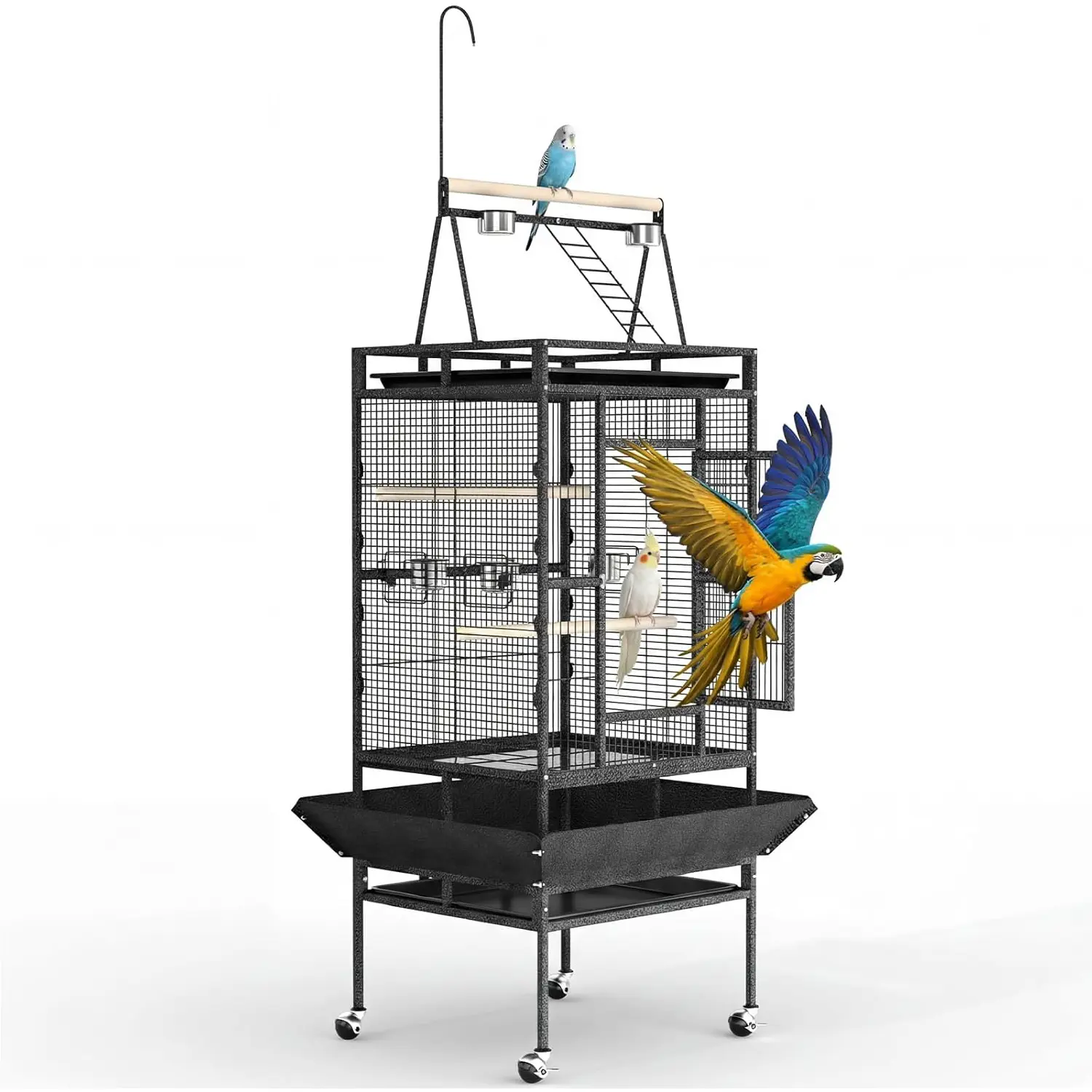 Extra Large 82-Inch Parrot Cage for Large Birds – Heavy Duty Wrought Iron Aviary with Play Top, Spacious Interior, Rope Perch, Removable Easy-Clean Tray, Secure Lock, Rolling Stand