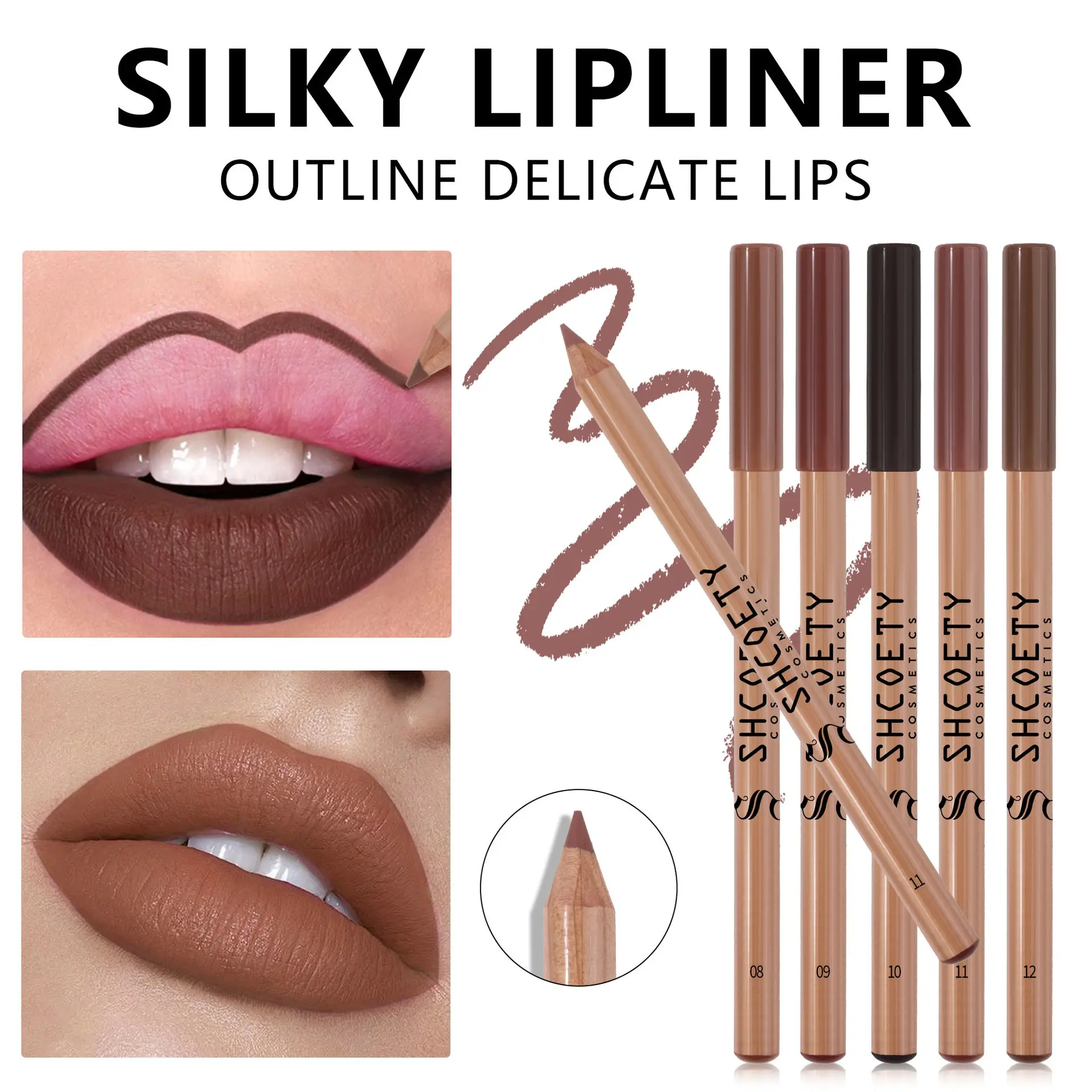 SHCOETY Cosmetics Nude Lip Liner 12-Piece Set – Matte, Satin, Brown, Beige, Black for Women & Men
