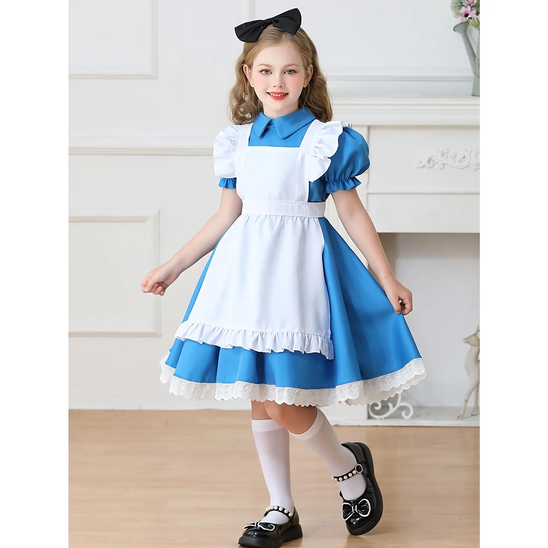 Girls' 3-Piece Princess Costume Set - Blue Dress with Invisible Zipper, White Apron, Breathable Poly Headband, Ideal for Carnival, Festive Party (Ages 5-14)
