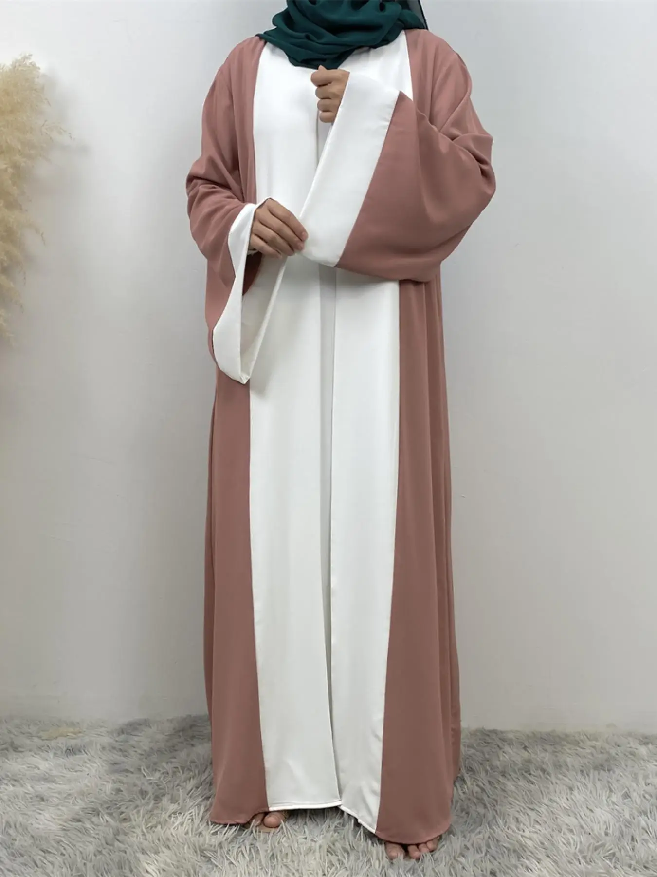 Women's Colorblock 2 in 1 Kimono Sleeve Kaftan Dress, Modest Long Sleeve Round Neck Maxi Dress for Party Holiday Wedding Guest, Ladies Fall Islamic Cl