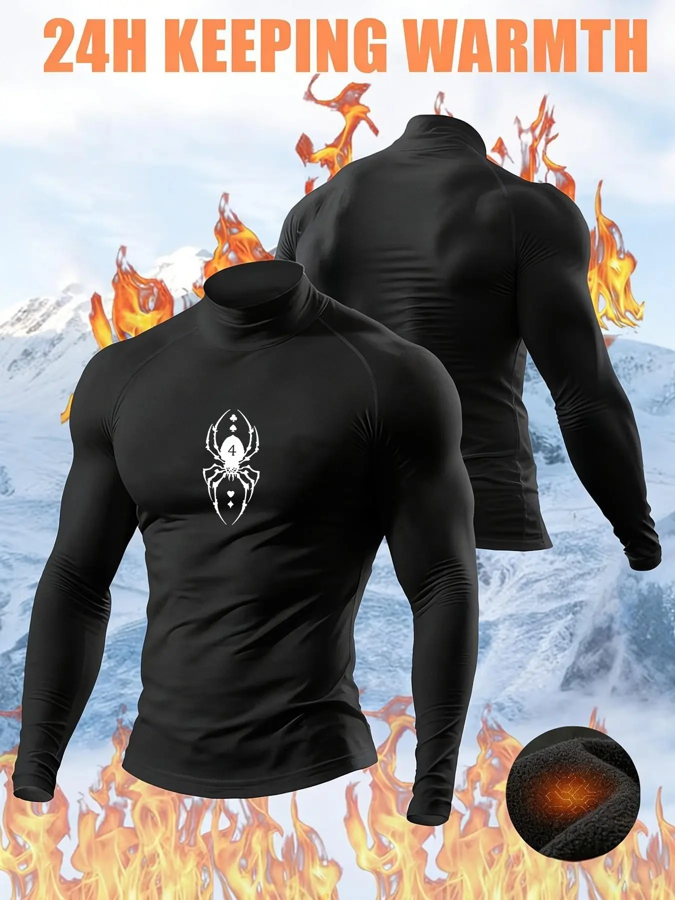 Men's Slim Fit Half High Neck Fleece Lined Bodysuit, Gym Shirt, 24 Hour Temperature Locking Inner Layer, Trendy Spider Print, Winter Training & Commuting