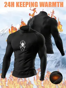 Men's Slim Fit Half High Neck Fleece Lined Bodysuit, Gym Shirt, 24 Hour Temperature Locking Inner Layer, Trendy Spider Print, Winter Training & Commuting