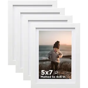 5x7 Picture Frame White Set of 4, Wooden Photo Frames Matted 4x6 with Plexiglass for 4x6 with Mat or 5x7 without Mat for Table and Wall Display