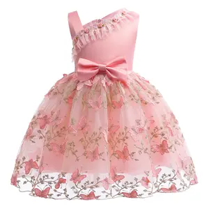 Little Girls Butterfly Embroidery Bow 2-10Y Girls Sloping Shoulder Summer Gauze Performance Dress One Piece Party Dress Pink ZT-3333 Costume