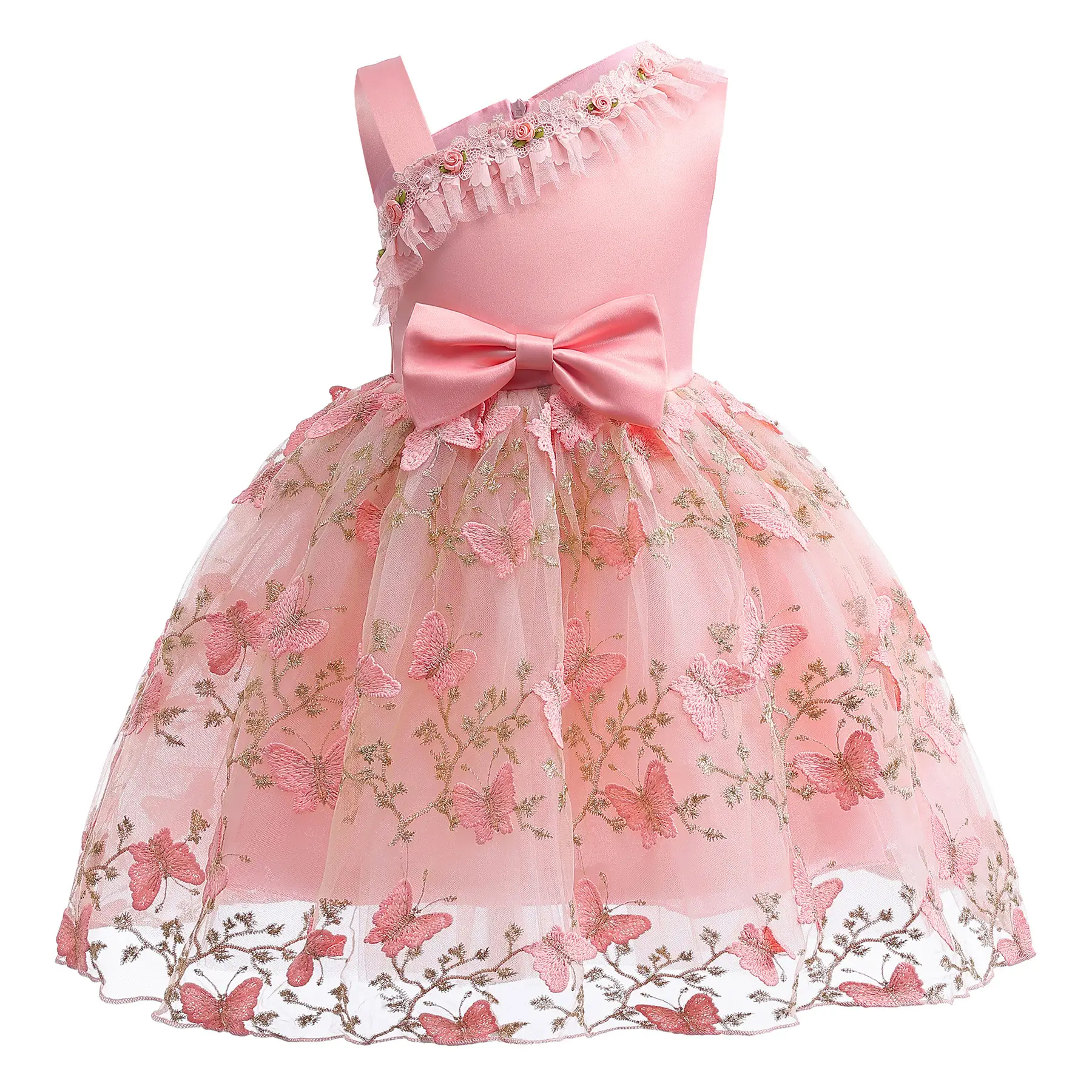 Little Girls Butterfly Embroidery Bow 2-10Y Girls Sloping Shoulder Summer Gauze Performance Dress One Piece Party Dress Pink ZT-3333 Costume