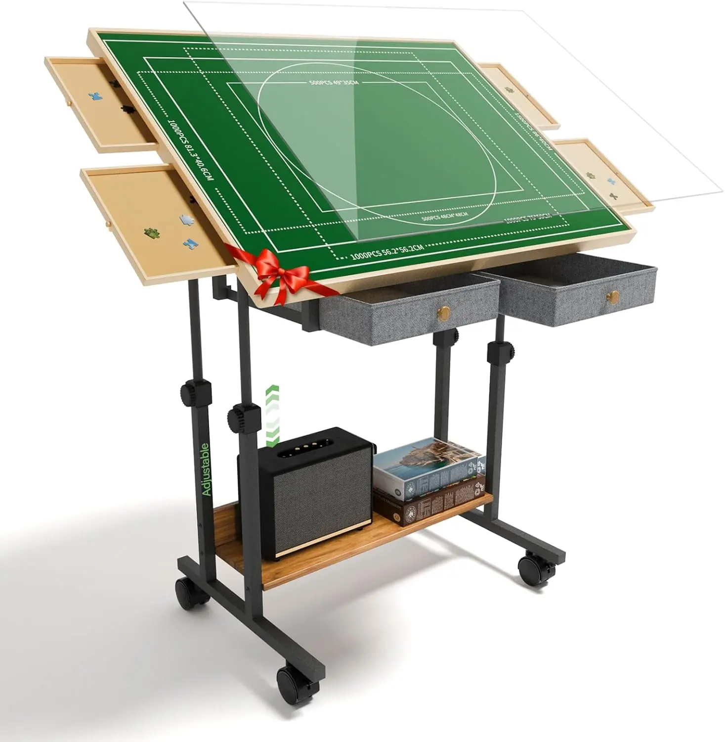 Adjustable Puzzle Table for 1500 Pieces, Height 25.4-35.4 Inch, Tilt-Top with Drawers & Storage Shelf, Metal Frame with Wheels, Ergonomic Jigsaw Station for Adults