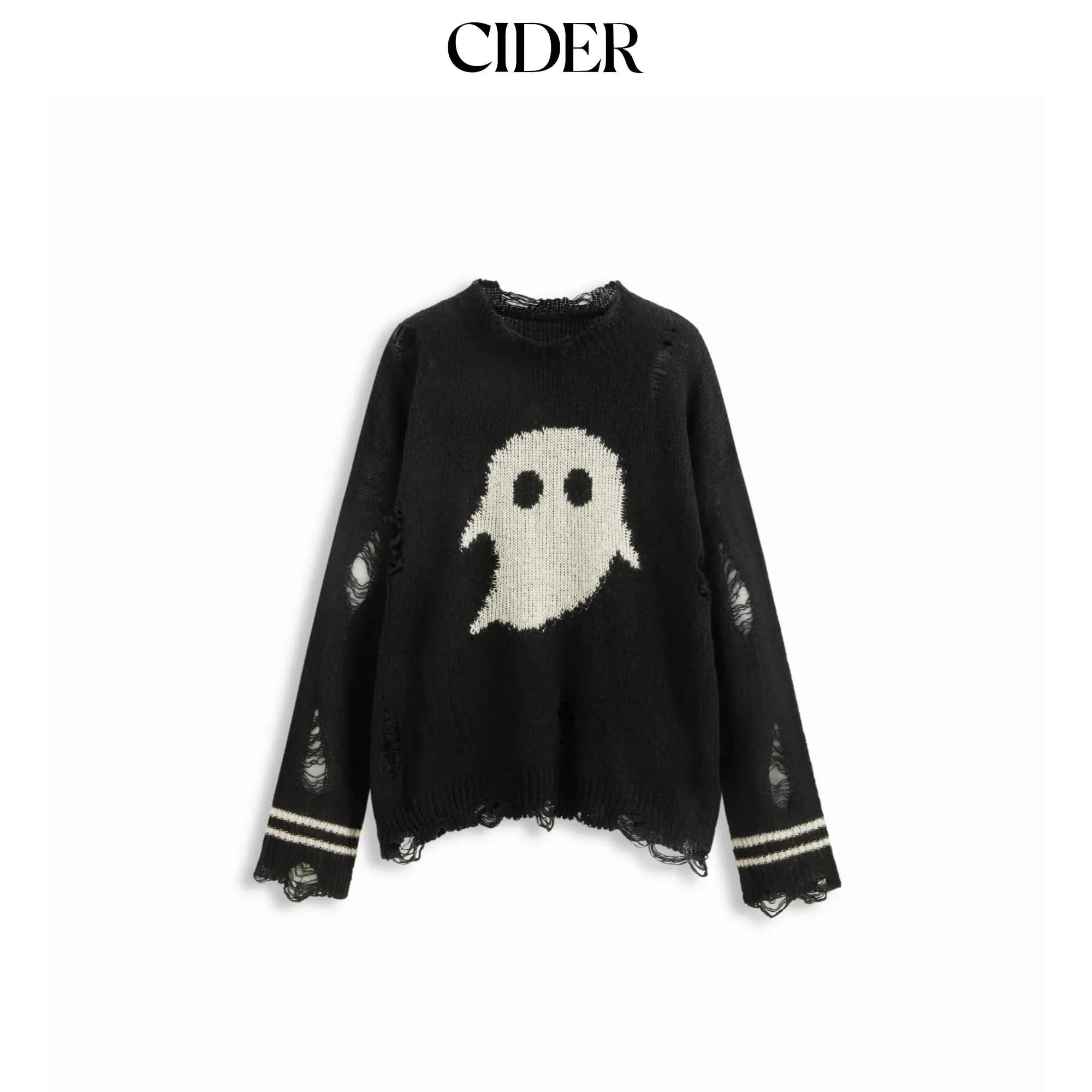 Cider  Knit Ghost Pattern Stripe Ripped Oversized Top