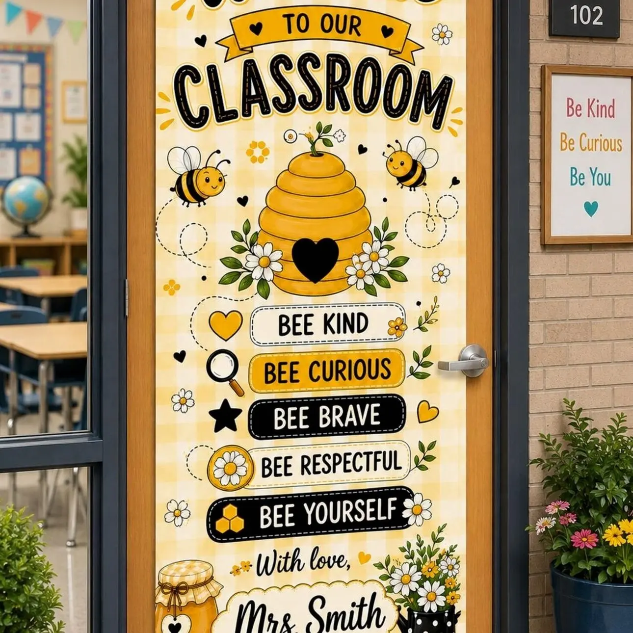Custom Bee Classroom Door Cover, Personalized Welcome Sign, Bee Kind School Decor