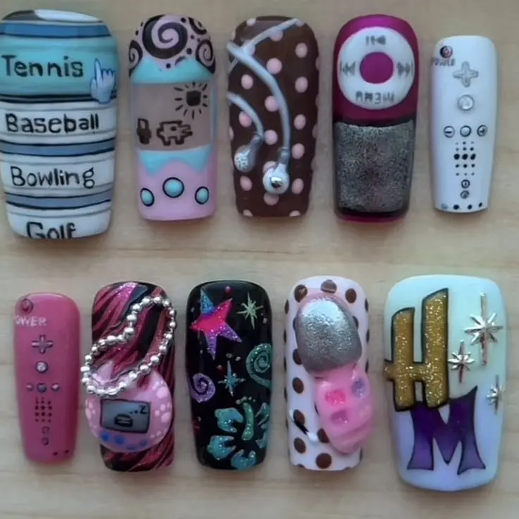 Y2K Nostalgia Press On Nails, 3D ATamagotchiki Game Controller iPod Fake Nails, Pastel Scene Queen Handmade Nail Art with Free Adhesive Tabs Nail File & Cuticle Stick