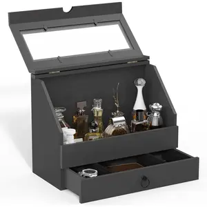 Cologne Organizer for Men, Large Capacity Cologne Stand with Drawer, black mens perfume organizer with Dust-proof Cover, Wood Cologne Display, Great Gift for Man