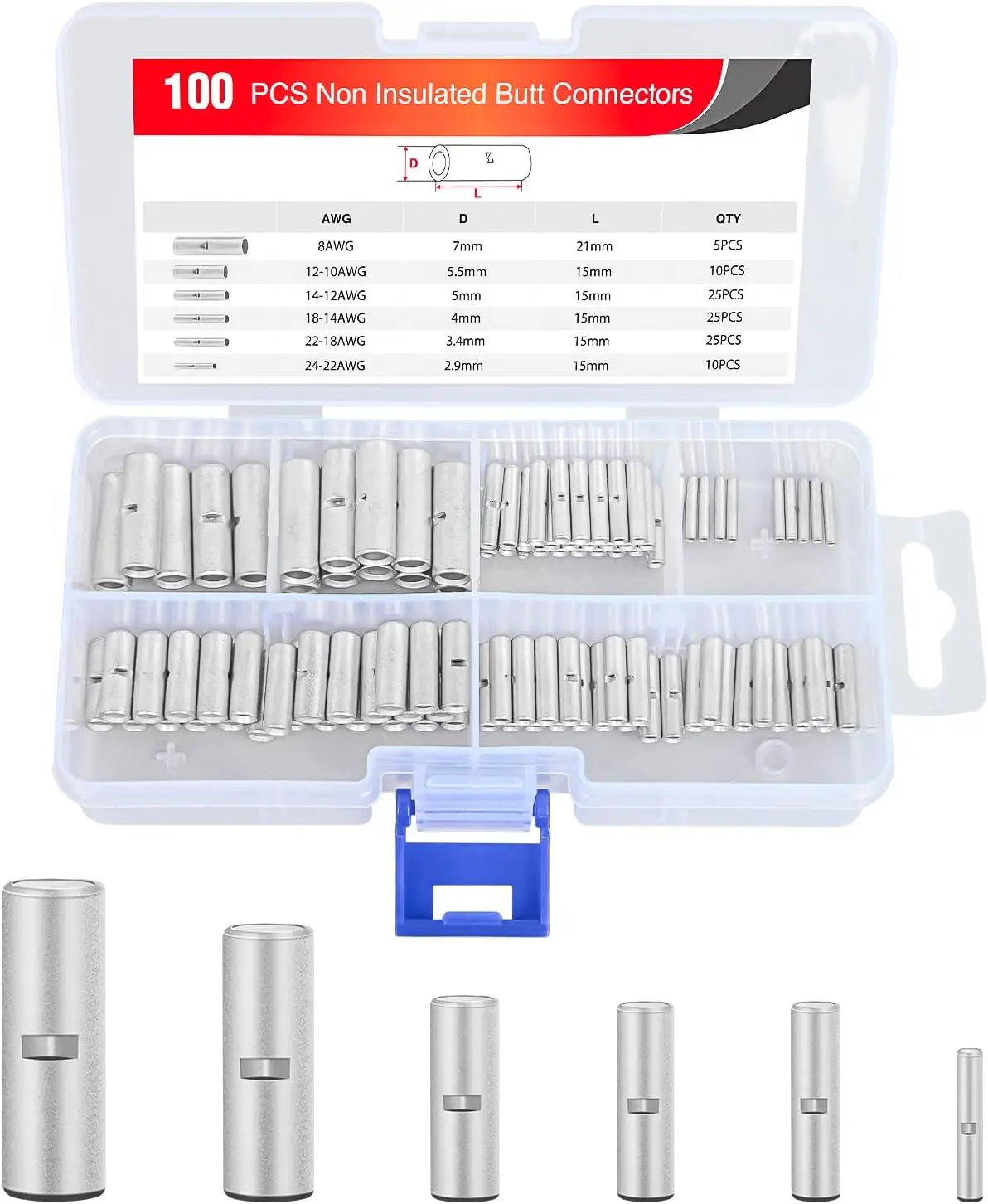 Nilight 100PCS Non-Insulated Butt Splice Connectors Kit - 24-8 Gauge Pure Copper Tin-Coated 6 Different Sizes Crimp Terminals, Heavy Duty Automotive Connectors for Car, Motorcycle