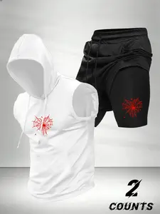 Men's Fashion 2-Piece Set, Sportswear Clothing Spider Print Hooded Sleeveless Vest Top and Drawstring Waist Fake Two-Piece Basketball Shorts, Comfortable Casual Gift