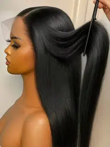 T Part Brazilian Human Hair Wig Straight Lace Front Wig 180% Density Pre Plucked Wigs Bleached Knots 13X4X1 HD Transparent Lace Narutal Black Color Bone Straight Lace Frontal Wig With Baby Hair