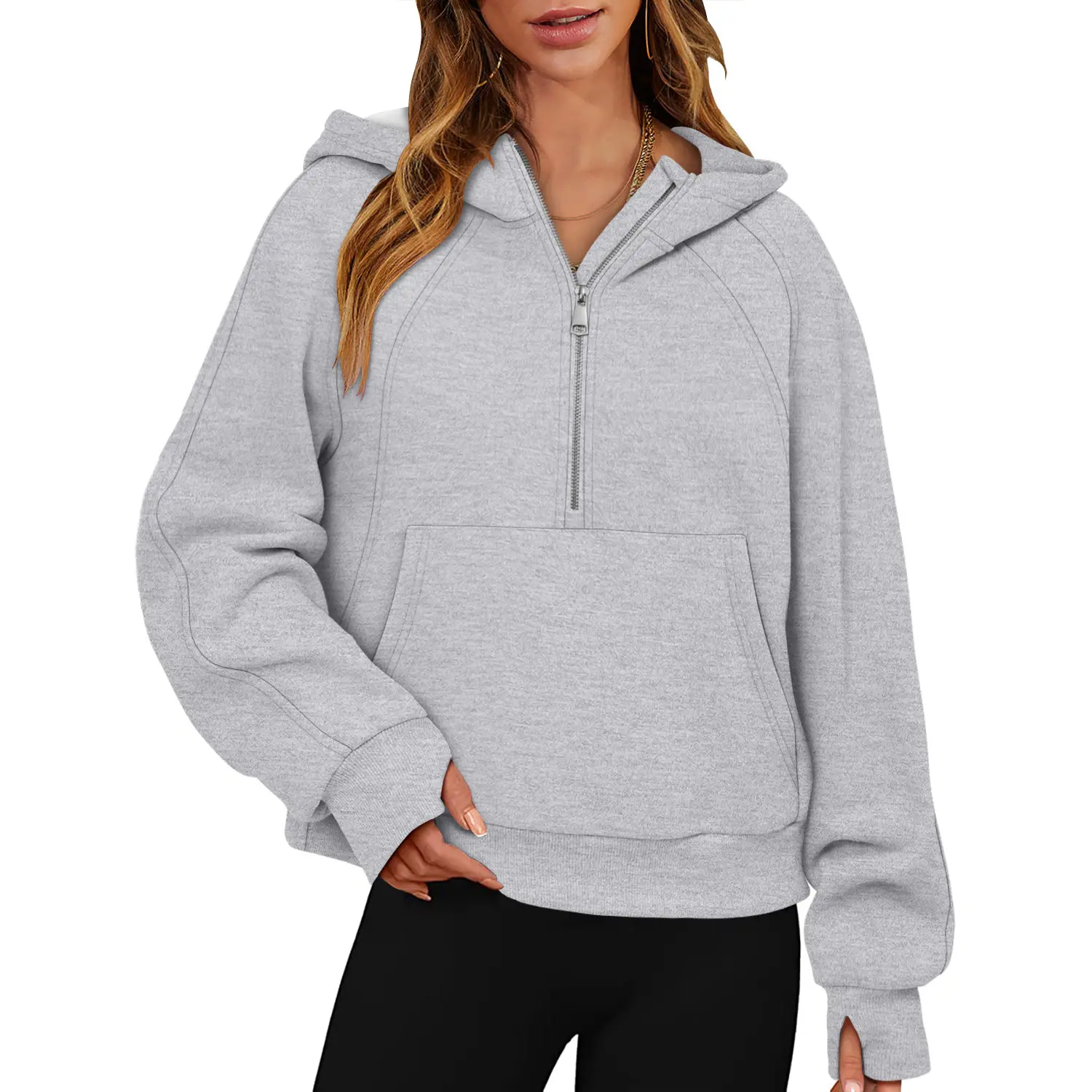 ONLYSHE Women's Cropped Fleece Pullover Hoodie - Casual Half-Zip Long-Sleeve with Thumb Holes, Kangaroo Pocket, Loose Fit for Fall Layering, Outdoors, Casual Ootd, Outfit Inspiration, Cotton Tops