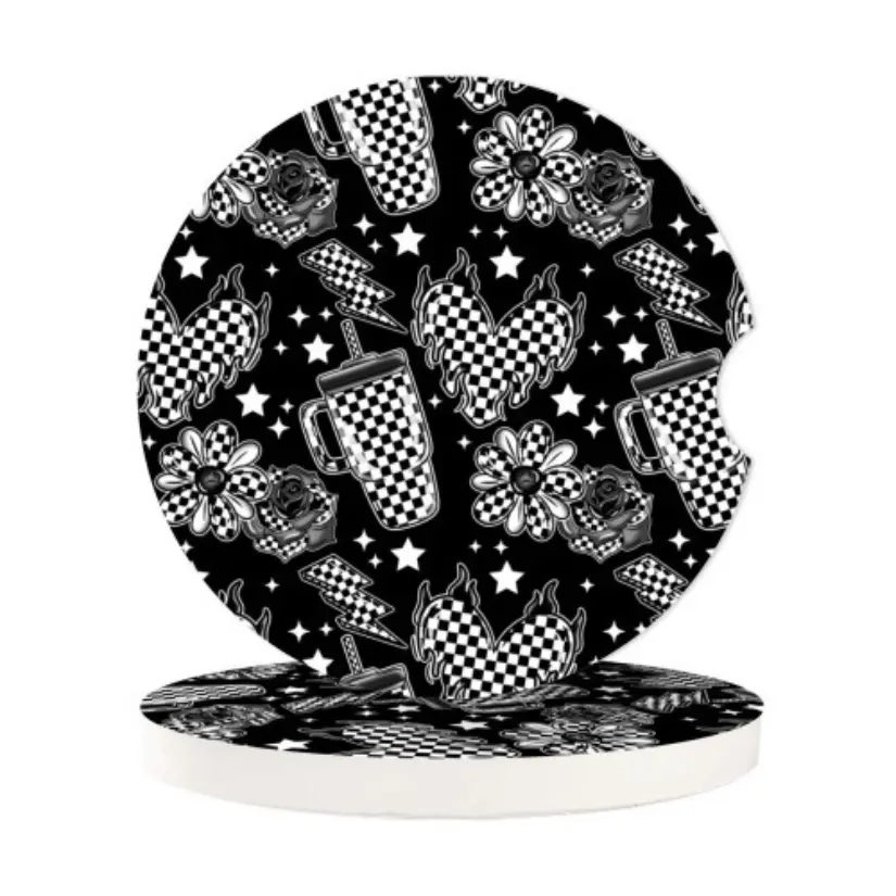 Checkerboard Car Coasters - 2 Pack | Cute Aesthetic Car Accessories for Women | Black & White Grunge Cup Holder Inserts with Floral and Checker Patterns No Warranty US