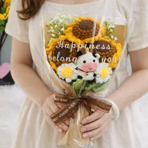 Handmade Crochet Sunflower Cow Bouquet, Decorative Bouquet, Valentine's Day Mother's Day Party Gift, Anniversary Present, Artificial Flowers Fake Realistic