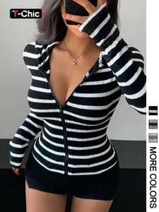 Women's Simple Striped Zipper Fitted Knit Long Sleeve Hoodie, Lady Casual Daily Wear, Everyday, Comfortable, Soft and Stylish, Perfect for Spring & Fall Seasons, Sweatshirts, Tops, Womenswear