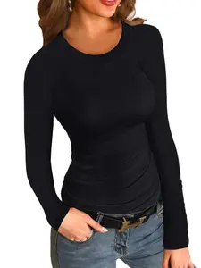 Women's Plain Round Neck Tee, Casual Feminine Fit Long Sleeve Crew Neck T-shirt for Daily Wear, Ladies Clothes for All Seasons, Classy Elegant Tops, Womenswear