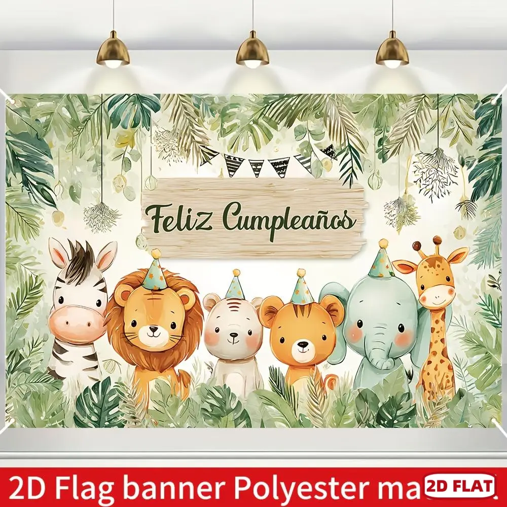 1pc 2D Flat banner , - , - Flag Banner, Single Piece Spanish Birthday Celebration Banner, Measuring 70. 87*- Made from Polyester, Featuring Adorable Animal Designs, with a Backdrop of Tropical Green Leaves