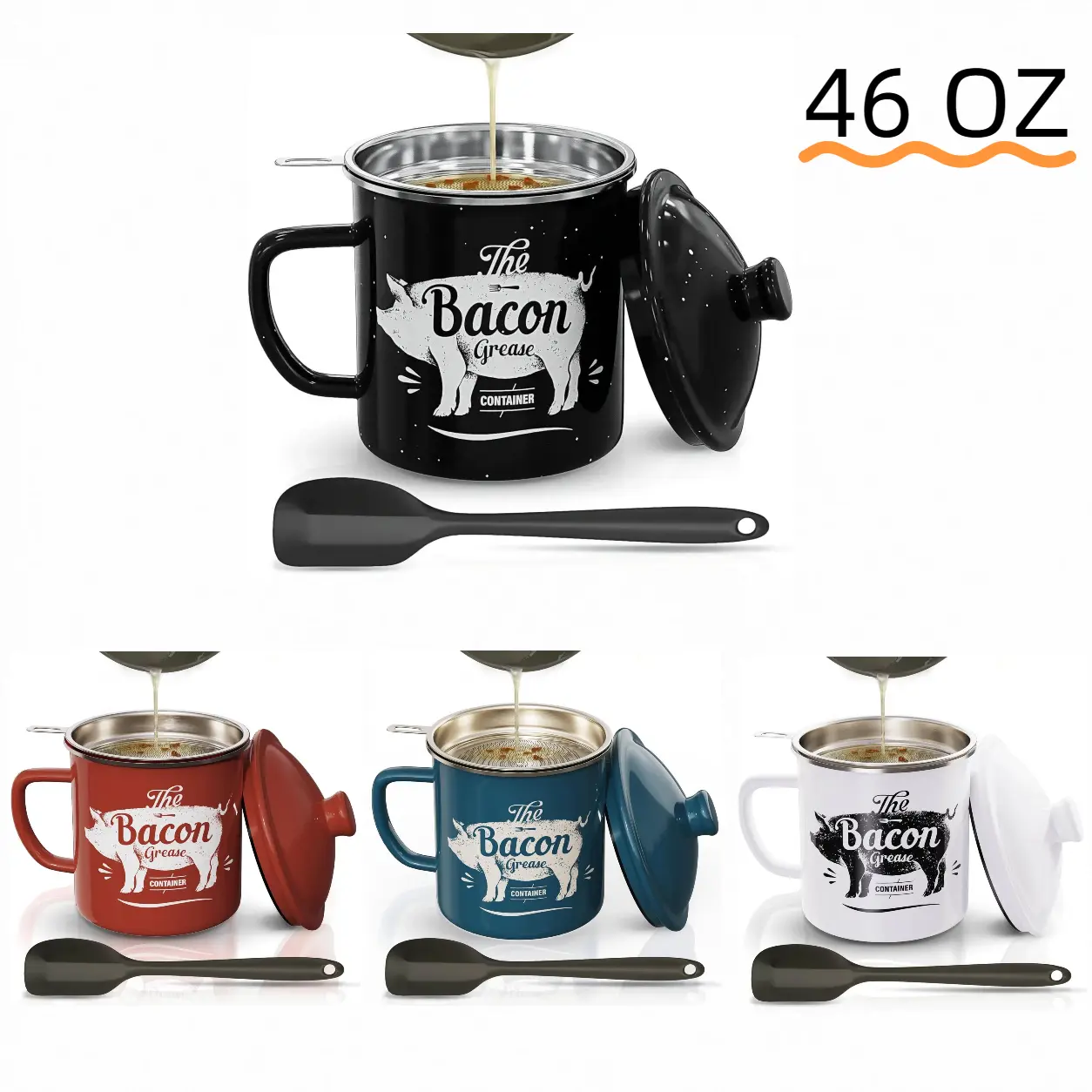 46OZ Bacon Grease Container with Strainer - With Silicone Spatula, Large Farmhouse Bacon Grease Keeper, Cooking Oil Storage Can Grease Keeper, Grease Saver for Kitchen, Dishwasher Safe homeessentials