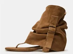 Custom Made Womens Brown Suede Wrap Wedge Sandals Adjustable Buckle Thong Flip Flop Wedges Bohemian Style Casual Summer Beach Wedge Sandals Comfortable Platform Heel Sandals for Vacation Outdoor Daily Wear