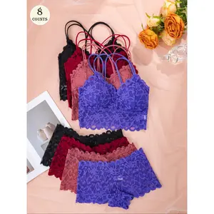 Women's Contrast Lace Backless Wireless Bra & Panty Underwear Set, Sexy Comfy Breathable Pink Lingerie Set for Daily Wear, Underwear Set for Women