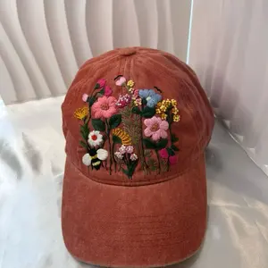 Hand Embroidered Baseball Hat with Floral Design in Rust Color