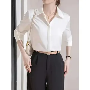 Elegant Women's Long Sleeve Button-Up Shirt in Solid Color White - Polyester, Classic Collar, Machine Washable, Perfect for Casual or Office Wear, Office Attire |   Solid Color Top |   Smooth Texture, Ladies Blouses