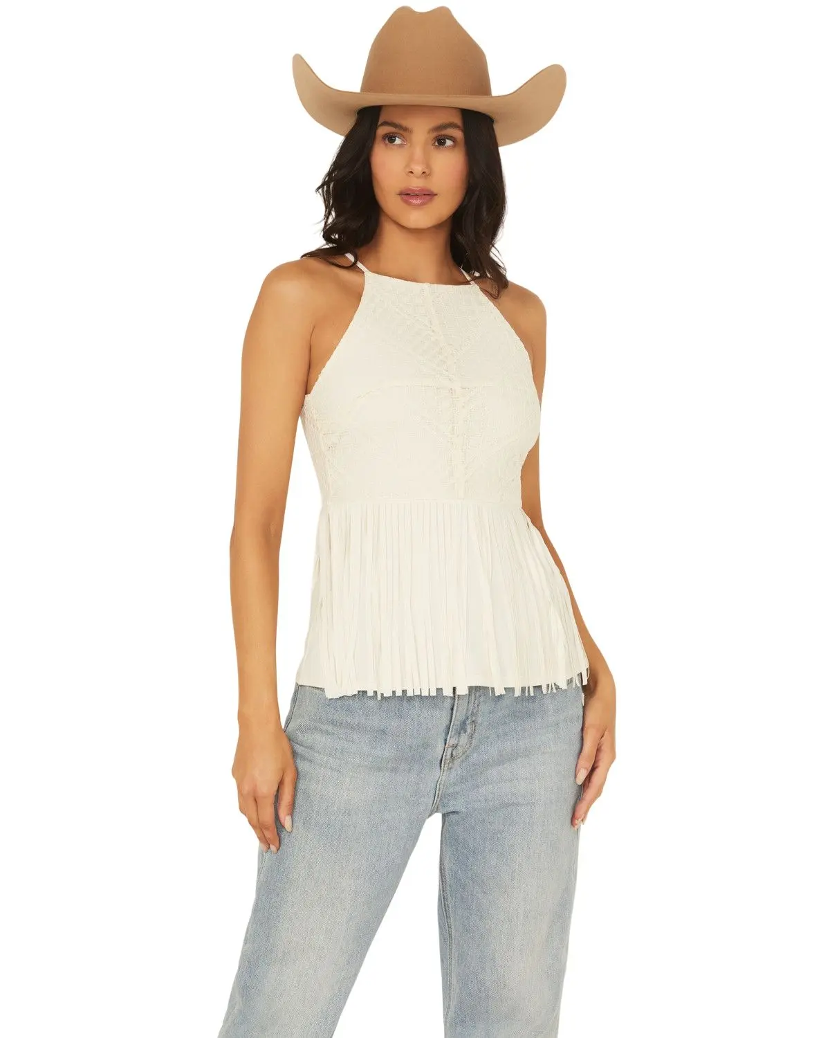 Shyanne Women's Women'S Stretch Lace Halter Fringe Tank - Swsu25k51-Crm