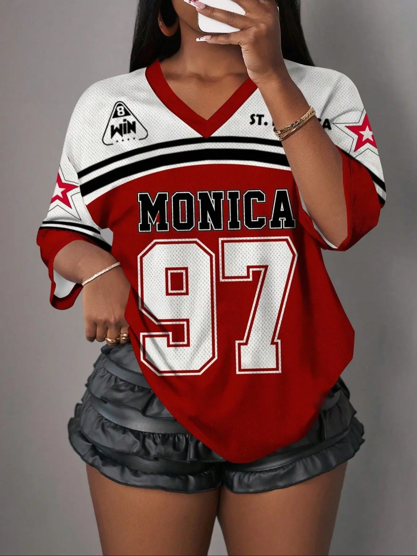 Women's Y2K American Monica Number 97 Graphic Tee, Athletic Fashion, Athletic Sports Clothing, Sports Tee, Jersey Shirt, Breathable Mesh Sporty Streetwear, Fitted Casual Top for All Seasons