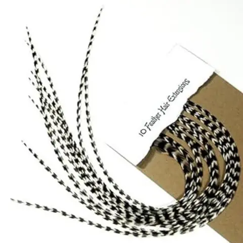 10 Single Long Feathers Ranging 7-11 inches or longer in Length Black and White Striped Grizzly for Hair Extension with 10 Silicone Micro Beads