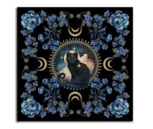 Cat Altar Cloth Tapestry Tarot Cloth with Black Cat Design and Blue Floral Border for Decorative Use