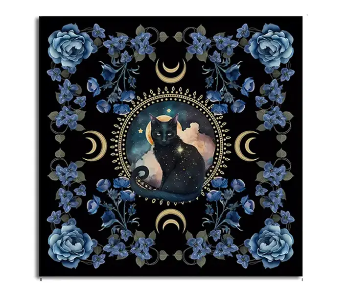 Cat Altar Cloth Tapestry Tarot Cloth with Black Cat Design and Blue Floral Border for Decorative Use Decoration Items Spooky
