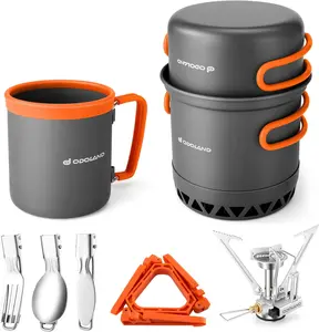 Odoland Camping cookware Camping Cooking Set with Portable Camping Stove Camping Mess Kit Include Mug, Folding Utensil Set, Canister Stabilizer for Backpacking Outdoor Hiking & Picnic