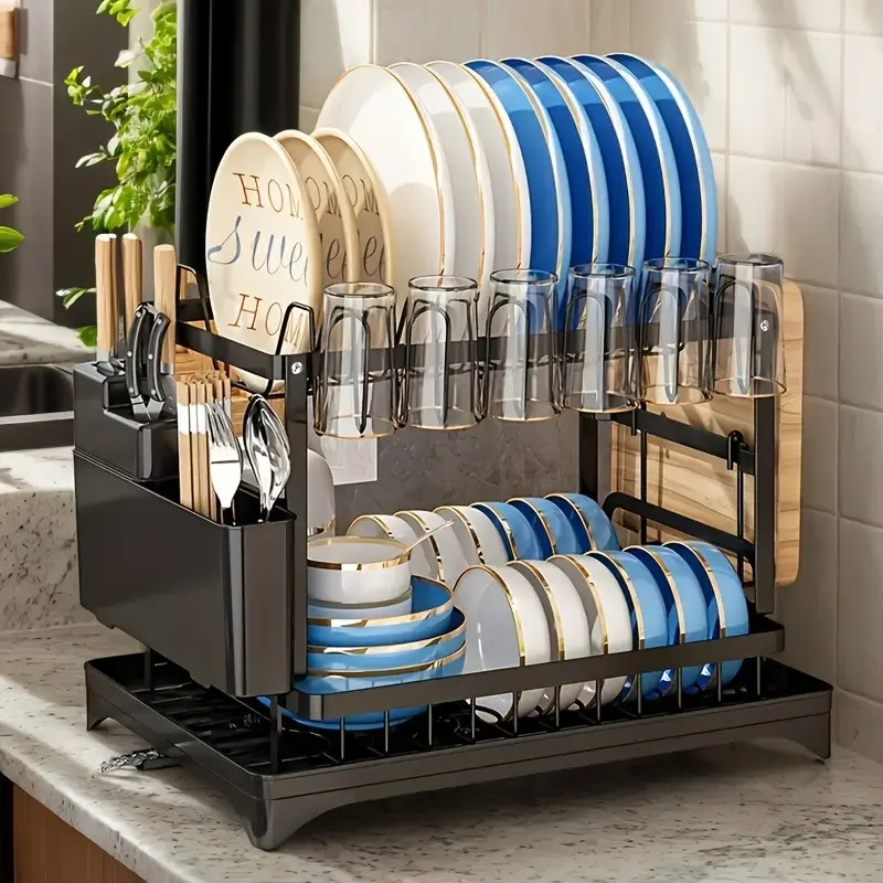 2-Tier Dish Drying Rack with Drainboard – Large Capacity Kitchen Organizer with Utensil & Cup Holder, Rustproof Metal Dish Rack for Countertop & Sink