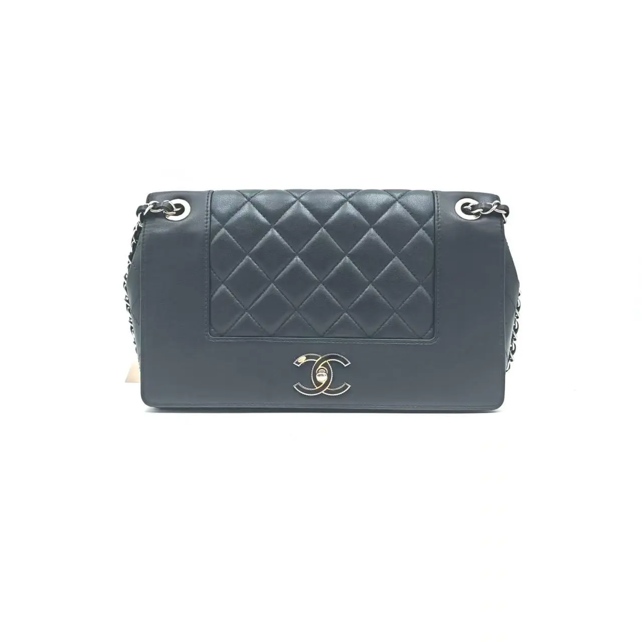 Pre-owned CHANEL hz8 Seasonal Limited Edition Flap Bag with Enamel Clasp (Double Strap Style) — Black & Silver Colorway, Medium Size 60971