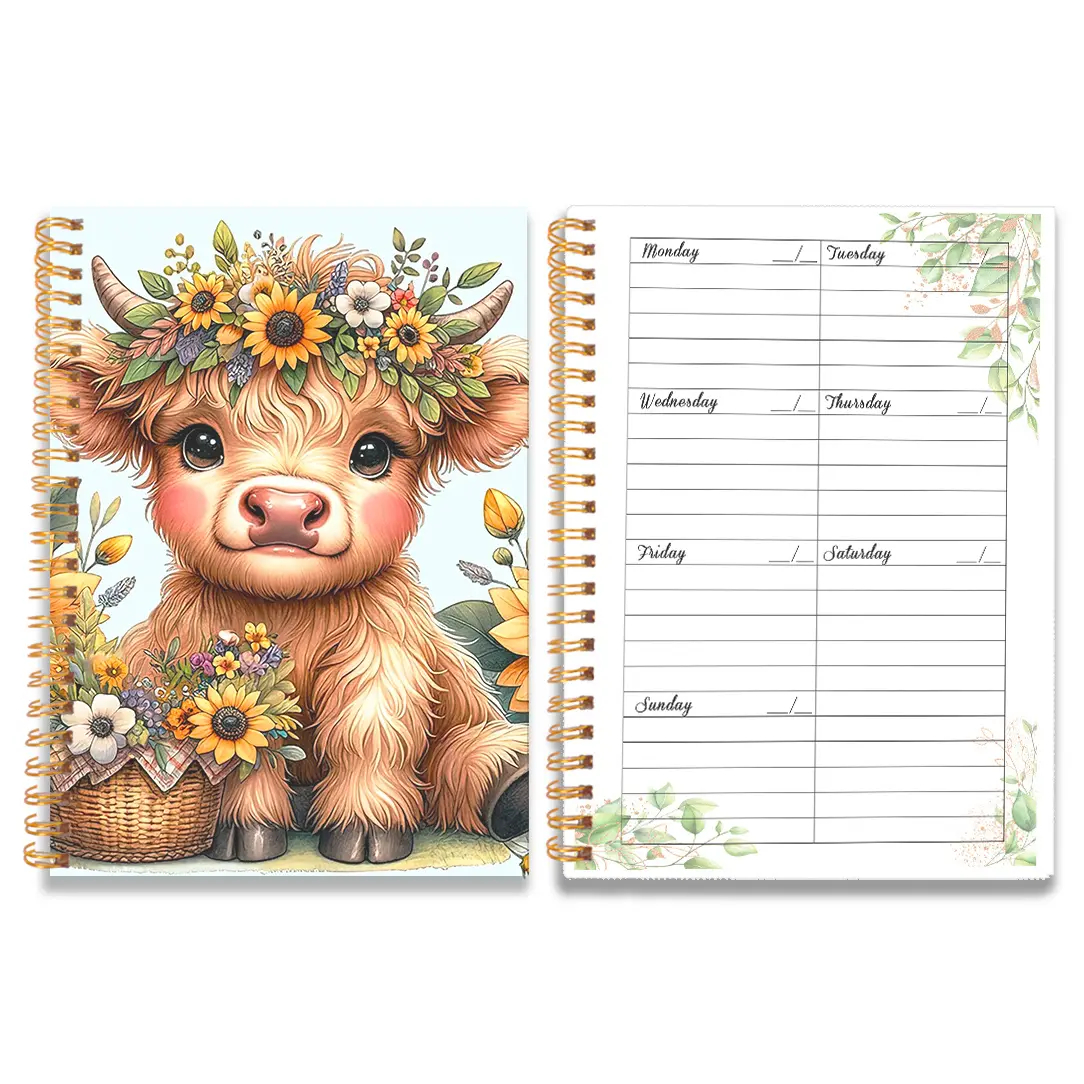1pc A5 A Calf with A Floral Wreath Holding A Basket Spiral Undated Planner, Daily Weekly Agenda Notebook, Weekly Planner, Weeks Planner, Office School Stationery, Goal Setting & Planning, Planner Calendar, 8.3x5.5 in, 50 Sheets, Spiral Bound Planner