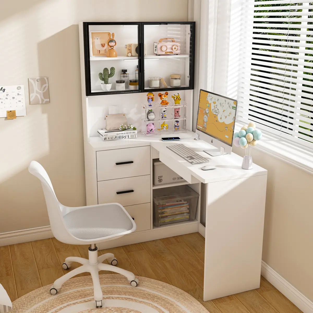 White L-Shaped Corner Office Desk - 43.31"l x 31.50"w x 62.01"h, 92.59 lbs, 300 lbs Sturdy Capacity, Adjustable, Glass Cabinets, Built-In LED Lights, 2 USB Charging Ports, Keyboard Tray, Ergonomic, Assembly Required, for WFH Setup & Office Workspaces, Usb