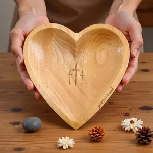 Wooden Heart Prayer Bowl with 24 Blessing Cards - Engraved Cross & Text, Christian Home & Prayer Room Decor