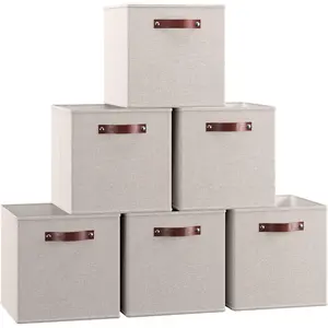 13 x 13 Storage Cube Bins Foldable Collapsible Fabric Storage Bins Box Linen Shelf Basket Cube Organizer for Closet with Leather Handles 6 Pack Beige