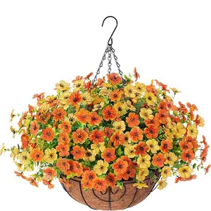 Artificial Fall Hanging Baskets for Outdoors Fake Hanging  Realistic UV Resistant Fall Flowers for Fall Decor Porch Patio Garden Decor OrangeYellow Hanging Planter