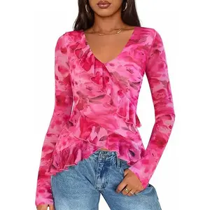 ZESICA Women's Long Sleeve Floral Shirts V Neck Going Out Ruffle Tops Blouses 2026 Fall Fashion Clothes Outfits