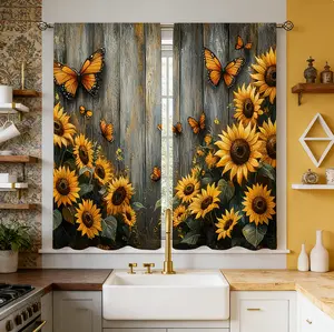 HarleyLand 2pcs Sunflower Garden with Butterflies Kitchen Curtains Small Short Cafe Curtain Rod Pocket Bathroom Curtain Treatments Tiers Kitchen Living Room Office Bedroom Home Decor