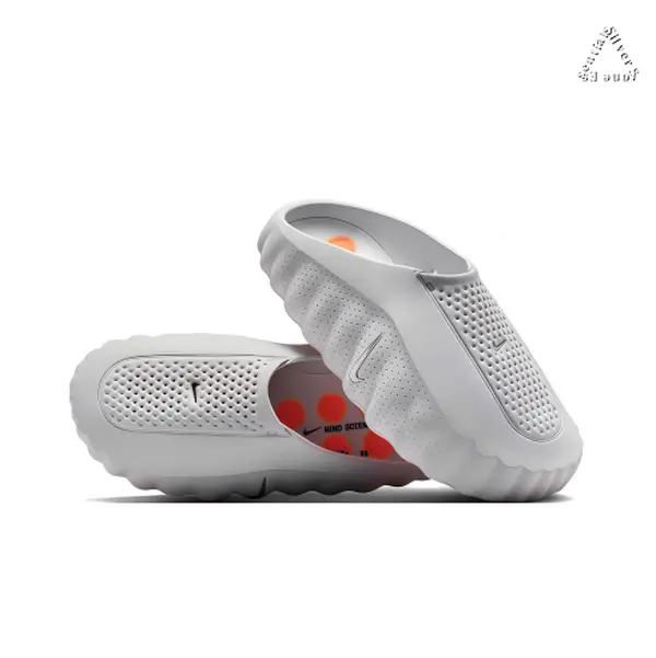 Light Grey Futuristic Mule Slides, Orange Cushioning Sphere Outsole, Perforated Upper, Sports Recovery Tech Slides