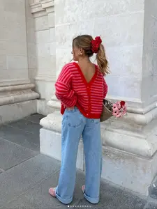 Ladies Cozy Color Block Loose Fit Cardigan with Open Back, Versatile Two-Way Knitted Sweater for Casual Wear, Trendy Fall Fashion, Knitwear